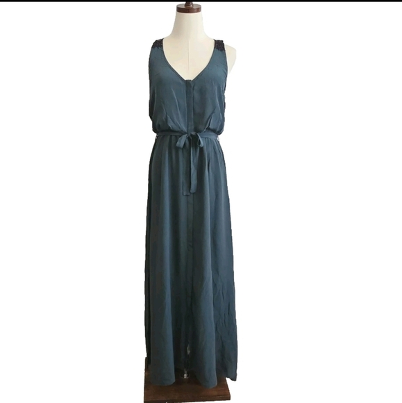 MADISON MARCUS 100% Silk Blue Green Teal Small Simple Party Evening Maxi Dress - Picture 1 of 14